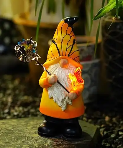 Solar Gnome Statues Outdoor Decor: Garden Figurines Sculpture with Glowing Butterfly and Catching Dragonfly, Gnomes Decorations for Yard Porch Patio Balcony-Unique Atmosphere Decor for Mother/Grandma