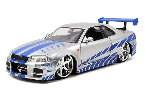 Jada Toys Fast & Furious Brian s 2002 Nissan Skyline R34 Die-cast Car, 1:24 Scale, Silver & Blue