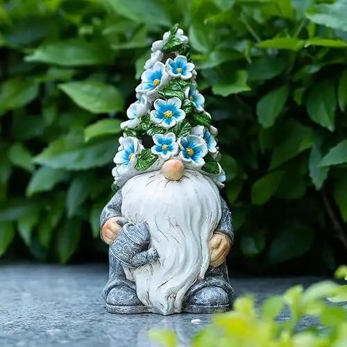 Garden Gnomes Decor Outdoor,Solar Outdoor Statue for Garden Patio Lawn Porch - Gnome Ornament with Blue Flower LED Lights Hat,Funny Gnomes Gift,Resin Solar Decorations,9.96 Inches