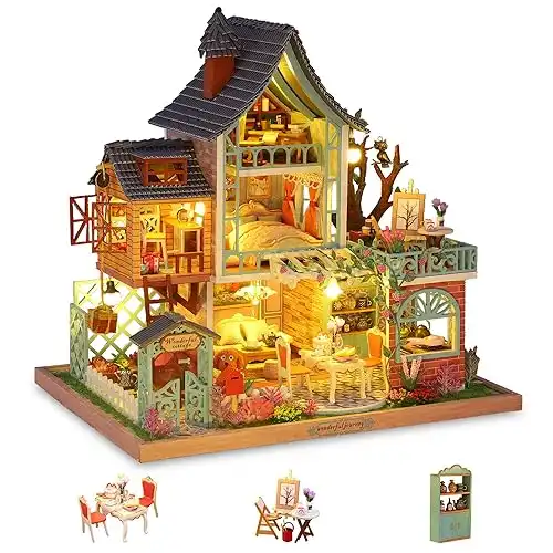 GuDoQi DIY Miniature Dollhouse Kit, Tiny House kit with Music, Miniature House Kit 1:24 Scale, Great Handmade Crafts Gift for Birthday Easter, Jungle Resort