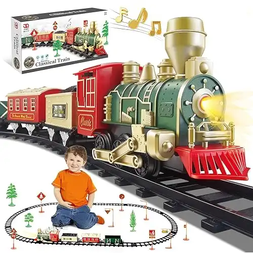 JUQU Train Set-Electric Train Sets for Boys Toddlers Classical Train Toys,Battery-Powered Locomotive Engine with Sound and Lights, 3 Cars &10 Tracks, Christmas Toy Train for Age 3 4 5 6 Years Old ...